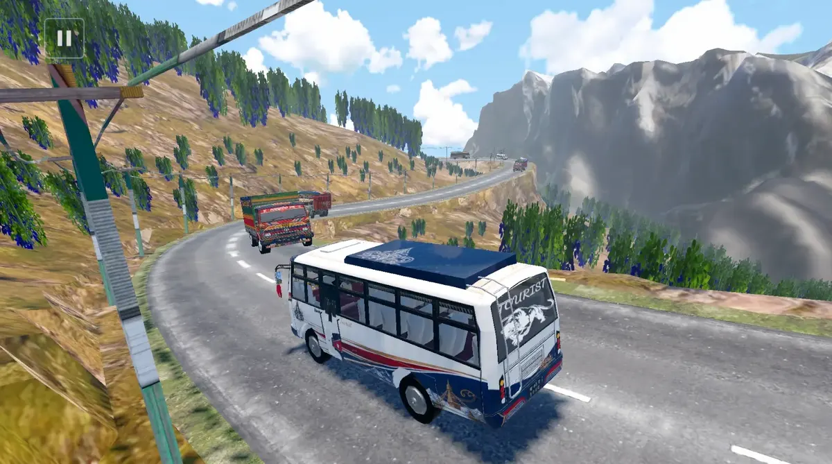 A tourist bus climbs a pine-covered mountain highway in Bus Game Nepal