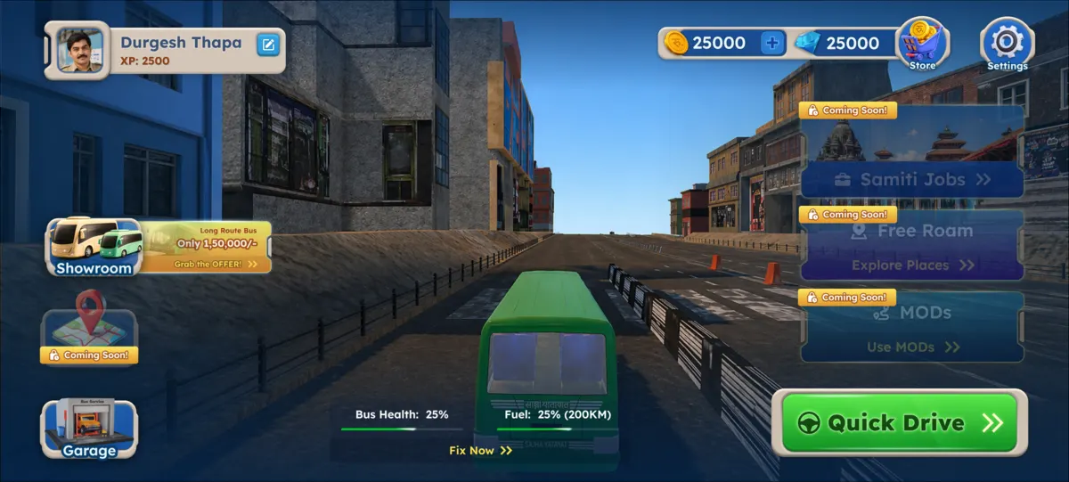 The game lobby: a green city bus with menus for jobs, free roam and mods