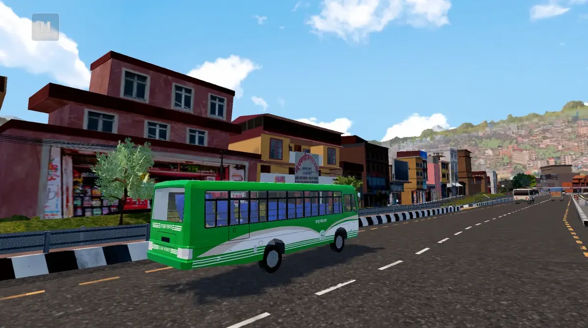 A green local bus on a town high street