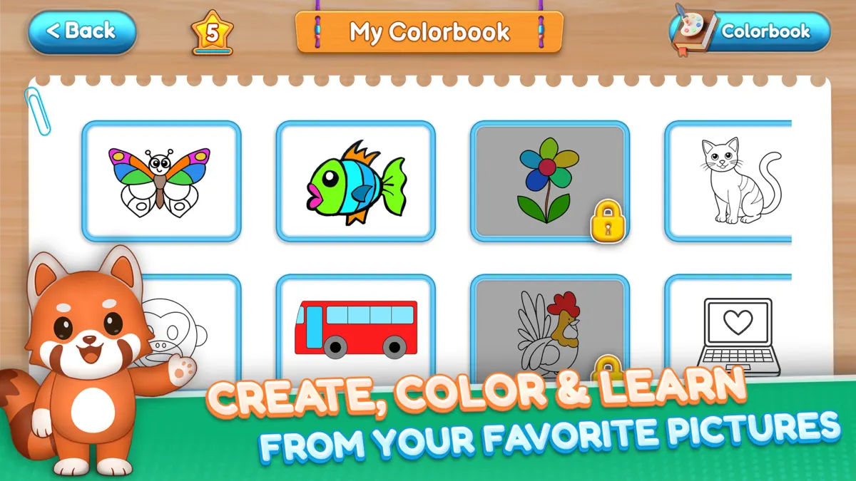 Colorbook picture picker with a red panda mascot