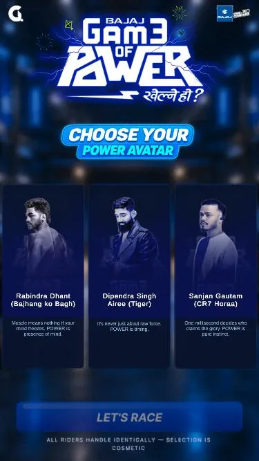Game of Power avatar screen: choose one of three Nepali sports stars as your rider