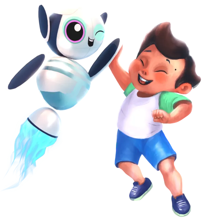 Kidsage character: a robot high-fives a boy