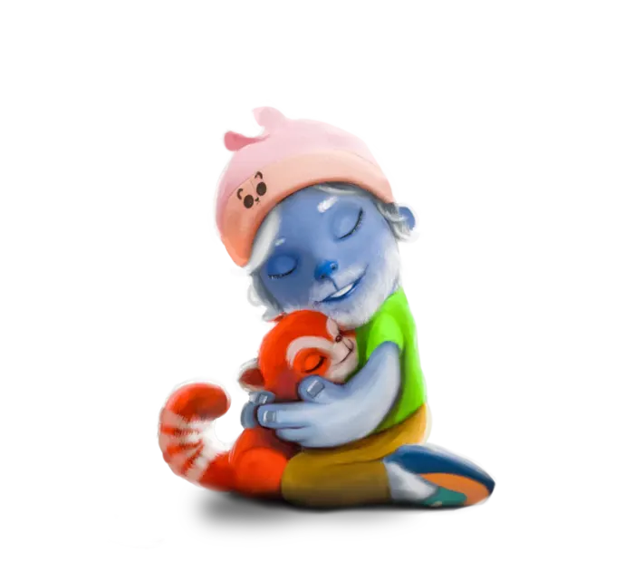 Kidsage character: a sleepy yeti hugging a red panda