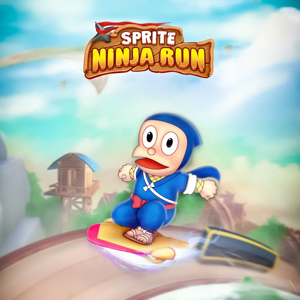 Sprite Ninja Run key art: Ninja Hattori riding a board along a sky track